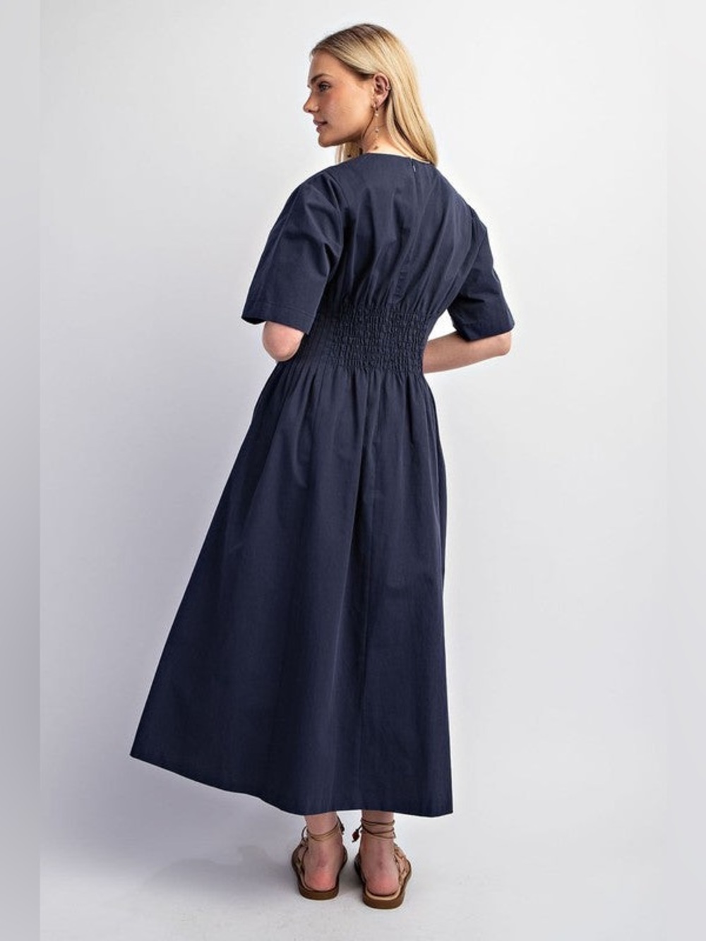 GigiO Navy Pintuck Waist Midi Dress Size Large - Picture 3 of 9